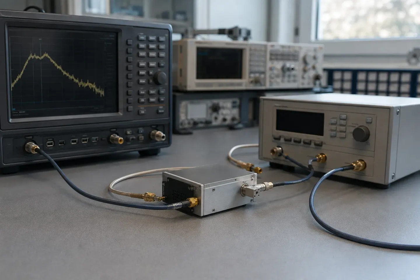A microwave source under phase-noise measurement between RF laboratory instruments
