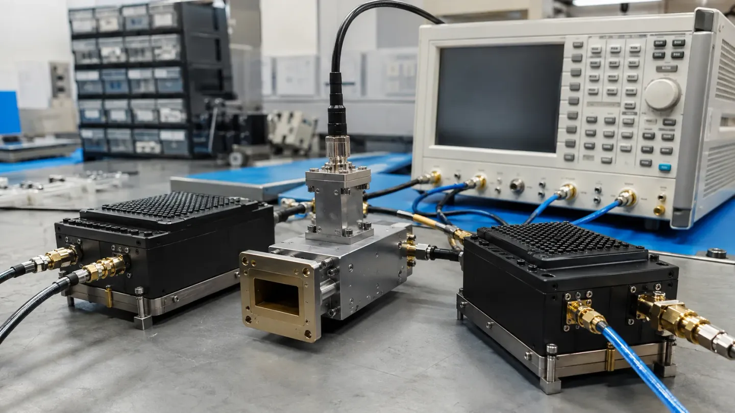 Shielded radar RF front-end modules and test instruments on an engineering bench