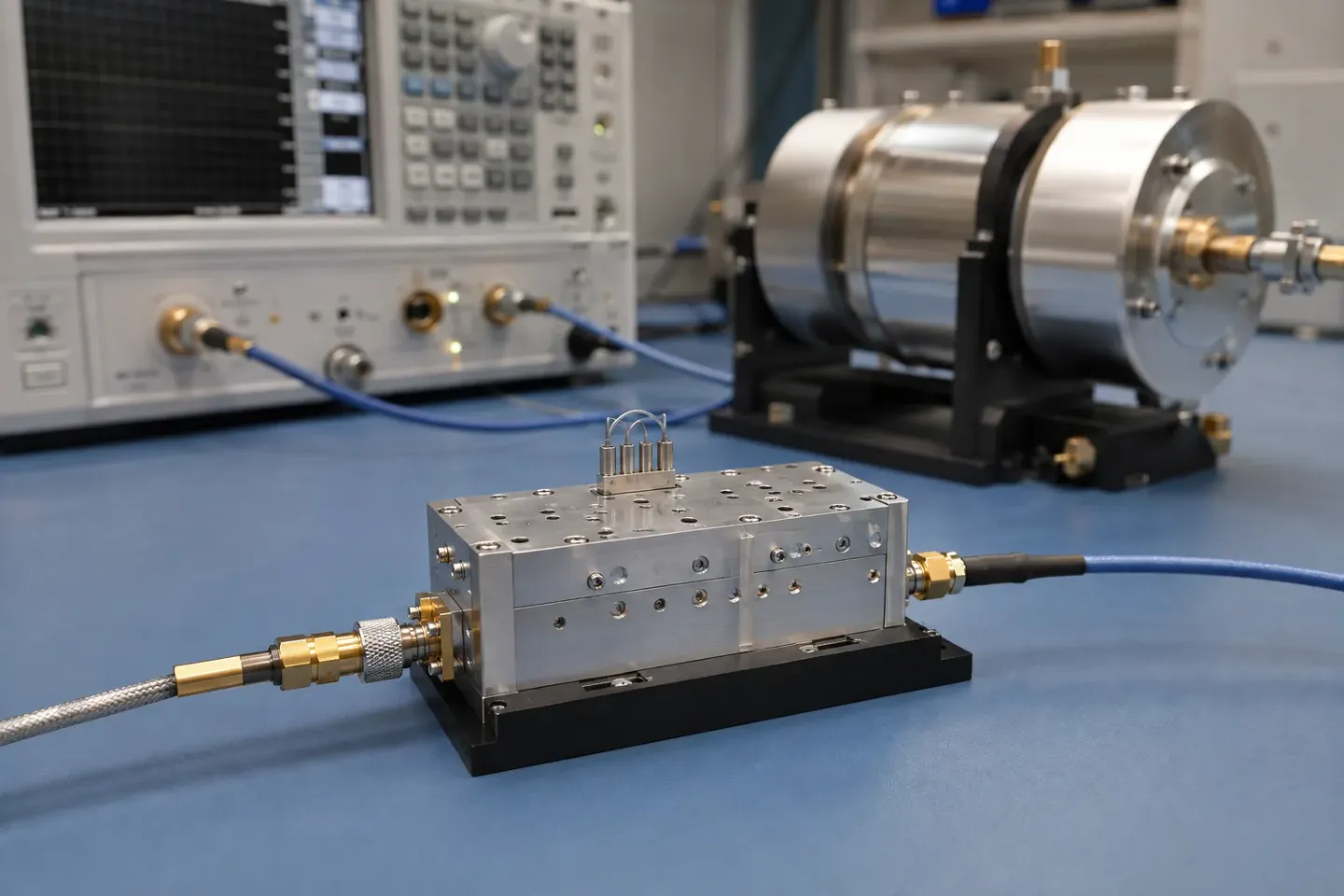 Microwave YIG filter module connected to a vector-network-analyser test setup