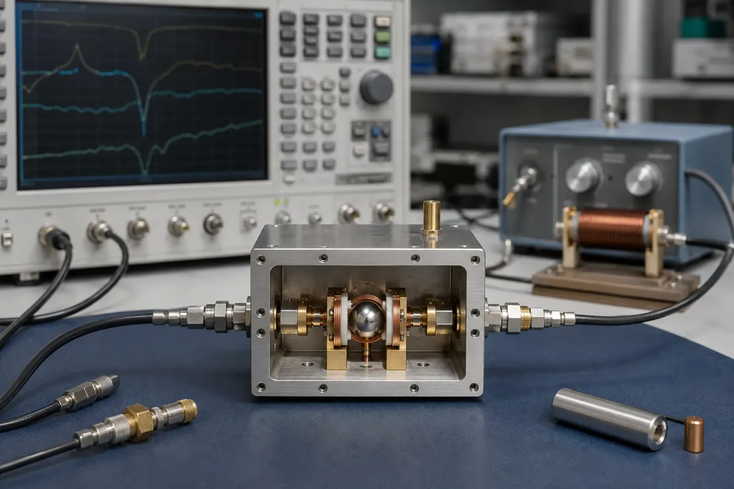 A YIG oscillator test assembly with coaxial connections on a microwave laboratory bench