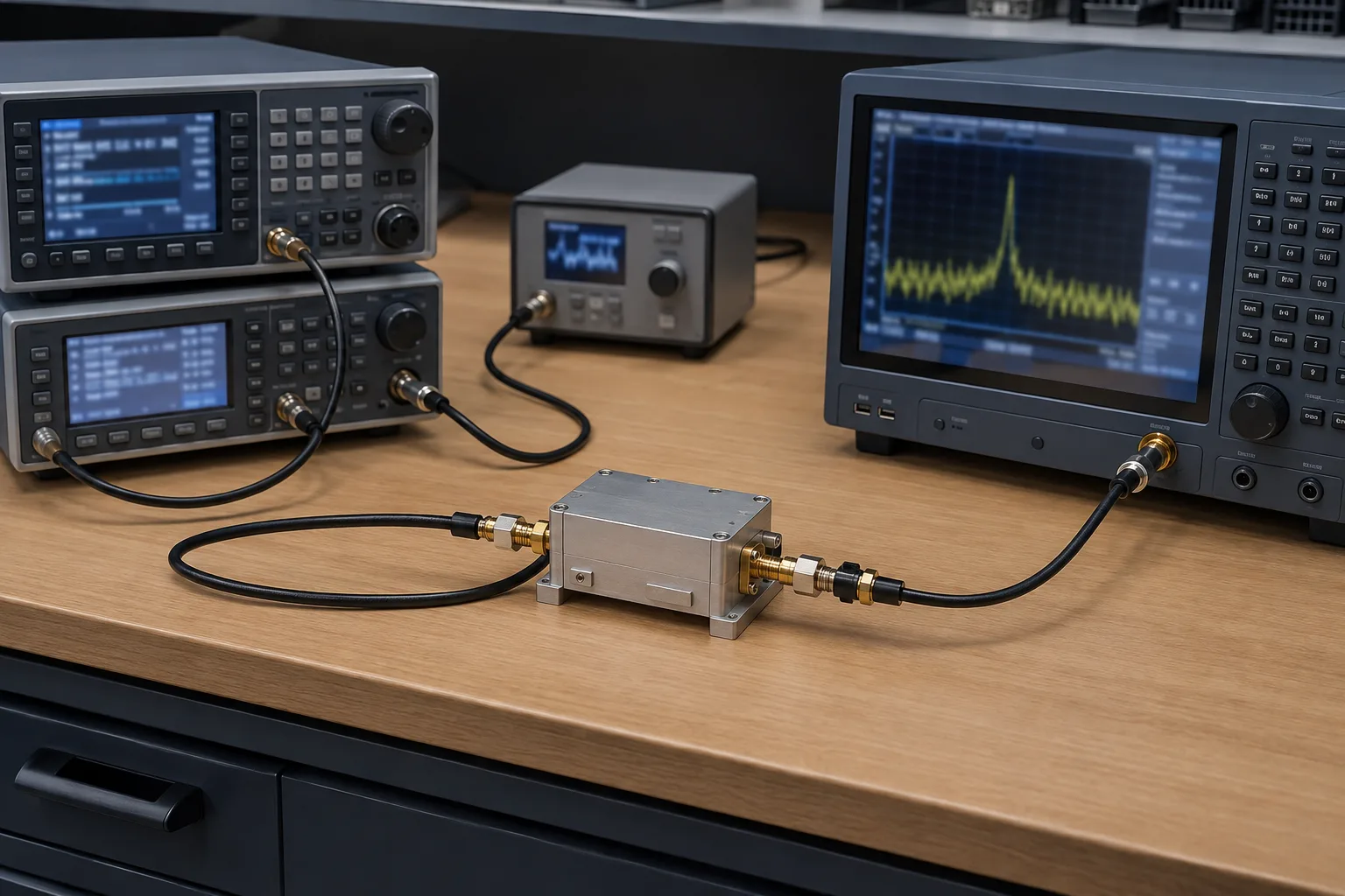 Generic RF converter module connected by coaxial cables between laboratory instruments.